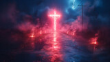 Fototapeta Przestrzenne - Lightning cross on luminous street with fire