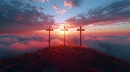 Poster - Three crosses on a hill at sunset and blue sky