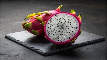 generative ai. a dragon fruit on a slate board on a table, dragon fruits