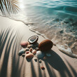Tranquil beach view with seashells, coconut beside palm shadow on pristine sand near clear sea water. Travel concept. Summer vacation scene. Remote island. 