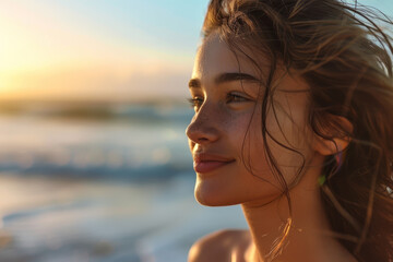 Wall Mural - A woman with long hair is standing on the beach, looking out at the ocean