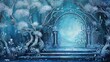 Fantasy painting of a luxury garden, matt azure blue grunge background with shiny silver metallic baroque decorations,