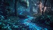 A deep forest with bioluminescent plants and pathways