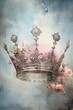 Illustration of a crown on a grunge background with snow and floral edges, realistic watercolor style, pink blue colors,