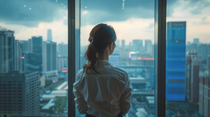 Wall Mural - Woman Standing by City Window