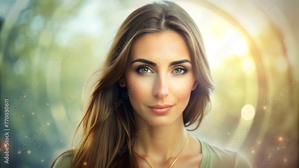Generative ai. a woman with long hair and a necklace standing in front ...