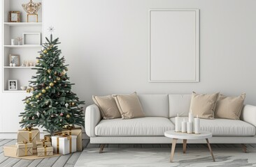 Wall Mural - White sofa with beige pillows and a white floor cushion near a Christmas tree decorated in the style of gold