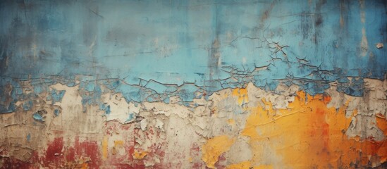Wall Mural - A close up of a colorful wall with peeling paint resembling a painting of a natural landscape with electric blue sky, horizon, grass, and wood texture