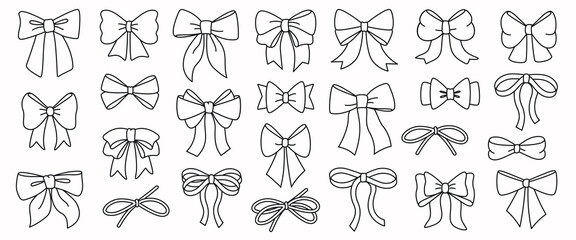 Wall Mural - Big Set of simple decorative holiday ribbon bows for gifts, to decorate hair on white background. Bow outline for gift wrapping for birthday, Christmas, New Year. Isolated Flat Vector EPS10