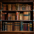 Old bookshelf with old books in a library. Vintage style.