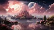 magic castle in pink sunset lights, fantasy background
