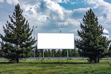 Wall Mural - A blank white billboard with no text sat in the middle of an outdoor park surrounded by green grass and trees Generative AI