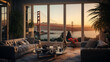 luxury Living room in San Francisco, with a golden gate view during sunrise 