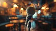 Close-up of a microphone on stage in the soft spotlight. Concept of public speaking. Come and sing karaoke. Illustration for cover, banner, poster, brochure, advertising, marketing or presentation.