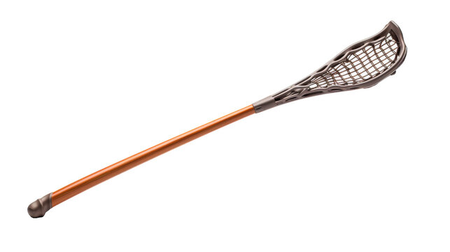 A lacrosse stick with a wooden handle resting on a white background