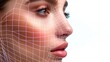 A woman's face with a grid of grids applied on top of it. Concept of cosmetic procedures. Digital facial identification system. Biometric verification. Polygonal mesh facial recognition technology.
