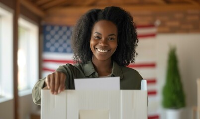 Sticker - A woman smiling while holding a voting box in front of an american flag. Generative AI.