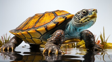 Poster - A turtle is standing on a pond with water around it. Generative AI.