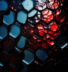 Poster - A close up of a glass mosaic with red and blue colors. Generative AI.