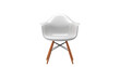 A white chair with wooden legs sits gracefully on a white background