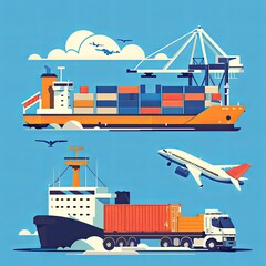 Wall Mural - Freight transport, cargo transportation of goods by sea, rail, land and air, transportation and logistics illustration