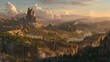  A stunning depiction of a castle nestled atop a mountaintop, amidst lush forests and majestic distant peaks, all bathed in the ethereal glow of clouds above
