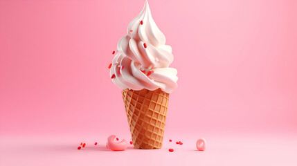 Ice cream in a waffle cone on a pink background. 3d render