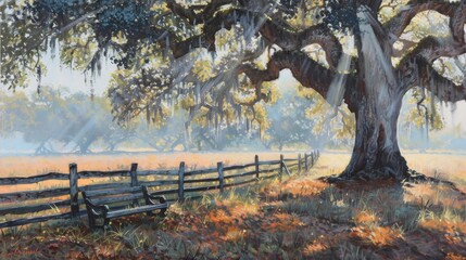 Wall Mural -  Tree, Field, Fence, Foggy Sky