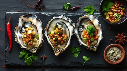Wall Mural - The main focus of the image is two open oyster shells, each containing a plump oyster.
