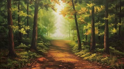 Poster -  A forest path painting with leafy ground and tree canopies on either side