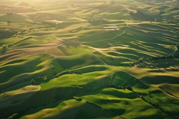  Aerial view of green fields and rolling hills
