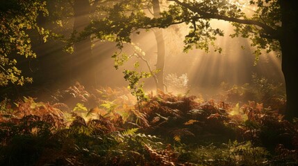 Poster -  The sun shines through the trees and ferns in a forest