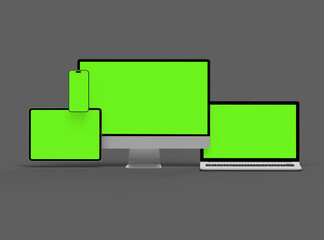 3d render of desktop, laptop, smartphone and tablet on a dark background
