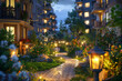 Cozy, lantern-lit path winding through garden of European apartment complex, tranquil ambiance for evening walks.