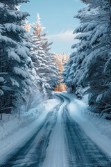 Wall Mural - Snow-Lined Countryside Road Photograph, road adventure, path to discovery, holliday trip, Aerial view