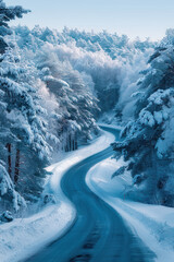 Wall Mural - Snowy Country Road Aerial Perspective, road adventure, path to discovery, holliday trip, Aerial view