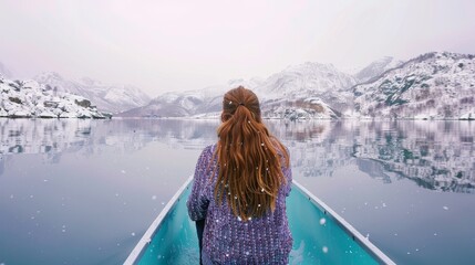 Poster -  A female seated in a vessel on a body of water, surrounded by mountainous terrain with snowfall and water in the foreground