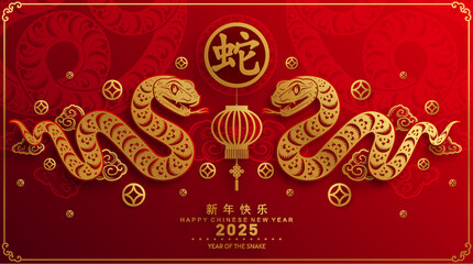 Wall Mural - Happy chinese new year 2025 year of the snake with flower,lantern,asian elements red and gold traditional paper cut style on color background. (Translation : happy new year 2025 the snake zodiac )
