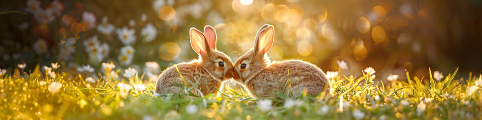 Wall Mural - Two little rabbits kissing on spring field with wildflowers and green grass. Cute couple of bunnies, adorable animals. Easter, Valentine and Mother day. Love, romantic and family care concept