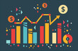 The image depicts financial growth in business with rising profit graphs, currency symbols, and corporate visuals, symbolizing success and prosperity.
