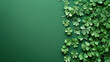 A creative gift card with green shamrocks or clovers on a beautiful green background celebrates St. Patrick's Day. Banner with place for text. Copy space