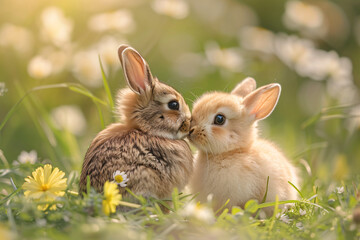 Wall Mural - Two little rabbits kissing on spring field with wildflowers and green grass. Cute couple of bunnies, adorable animals. Easter, Valentine and Mother day. Love, romantic and family care concept