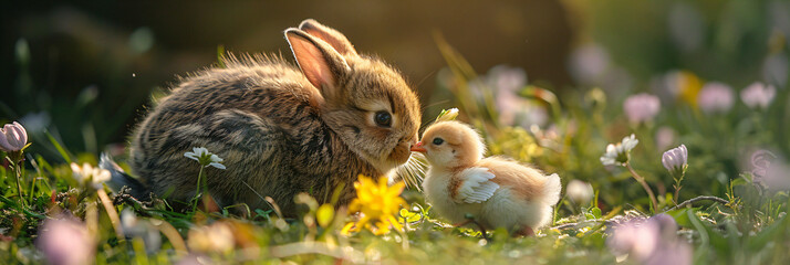 Wall Mural - Best friends bunny rabbit and chick are kissing on spring field with green grass and flowers. Happy Easter. Cute funny animals. Love, Valentine day