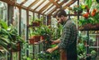 © NovaVision - Gardener Tending to Plants in a Lush Greenhouse. Generative ai