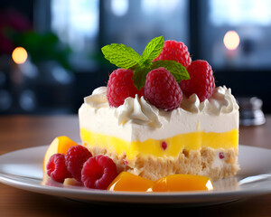 Wall Mural - Piece of cake with raspberries and mango on a plate