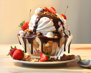 Wall Mural - Chocolate ice cream with strawberries and whipped cream on wooden table