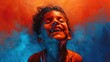 A happy kid in a blue light, red and orange, hyper-realistic portraits, iconic album covers