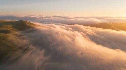 Sticker -  An aerial view of a mountain range rolled in thick, cloud-like masses