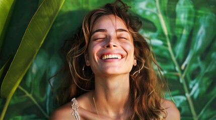 Wall Mural - A happy woman with a radiant smile standing against a refreshing green background, symbolizing vitality and renewal
