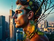 Une homme urbain avec des feuilles vertes dans les cheveux et un paysage urbain en arrière-plan., envie de retour à la nature 